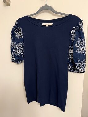 LOFT Navy Top with White Embroidered Puff Sleeves